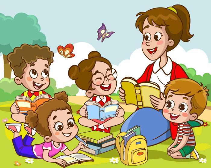 Teacher reading books to children.Children and teacher in the park ... Books for Every Age: Fostering a Love of Reading